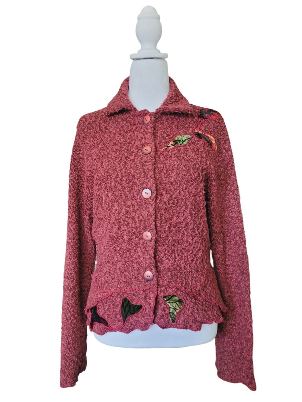 Vintage 90s Y2K Fairycore Whimsigoth Knit Cardigan Velvet Leaf Appliqué S/M